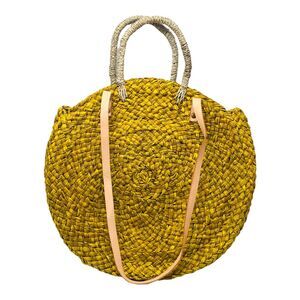 Yellow STREET LEVEL OVERSIZED Woven STRAW ROUND BEACH TOTE BAG Purse Boho